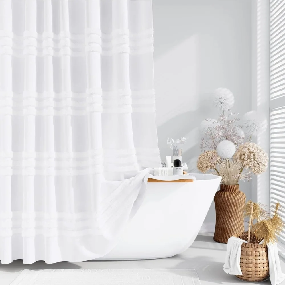 Simple White Textured Striped Fabric Bath Shower Curtain 72x78 Like New